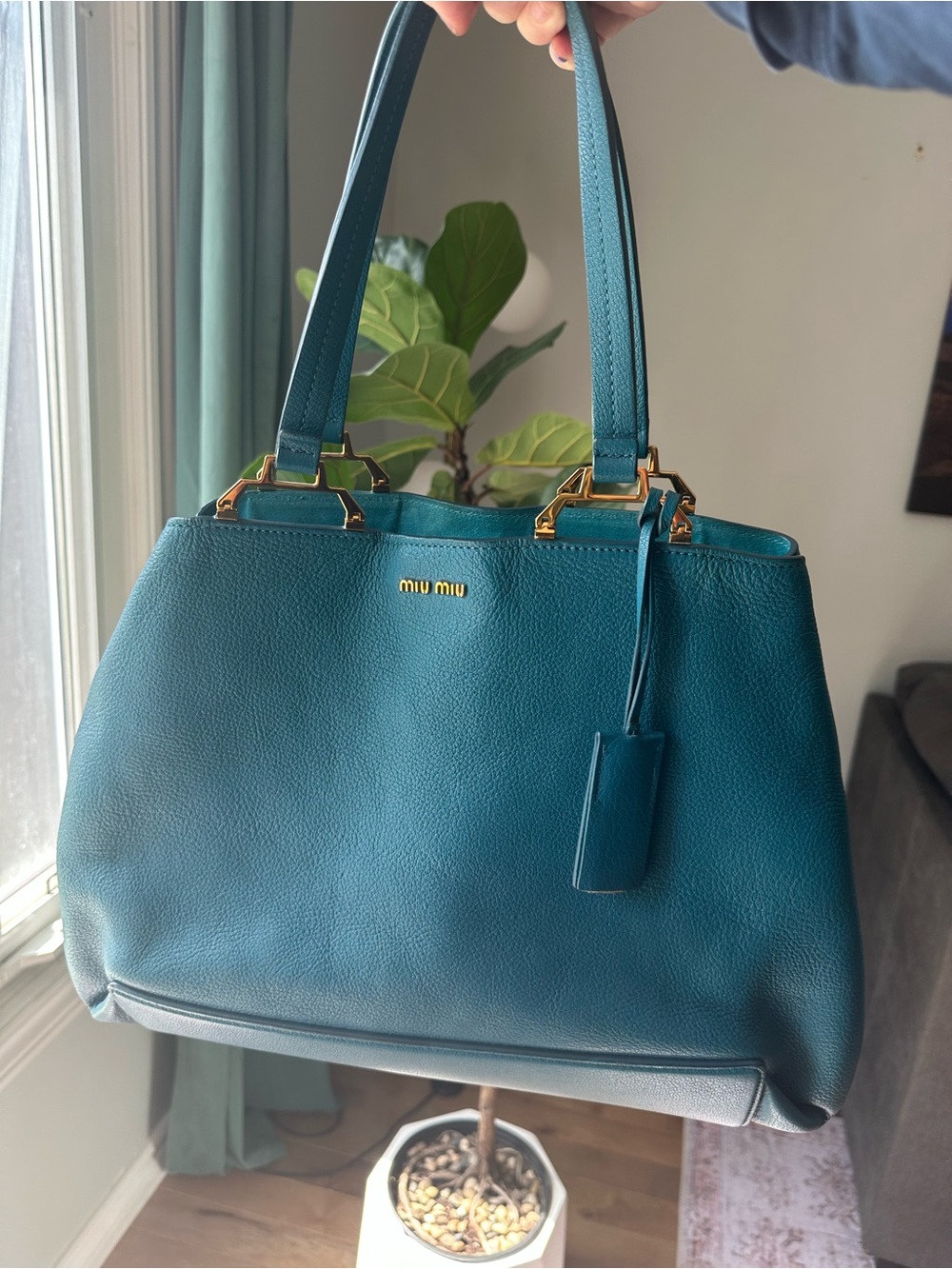 Miu Miu Bright Teal Pebbled Leather Tote with Gold Hardware